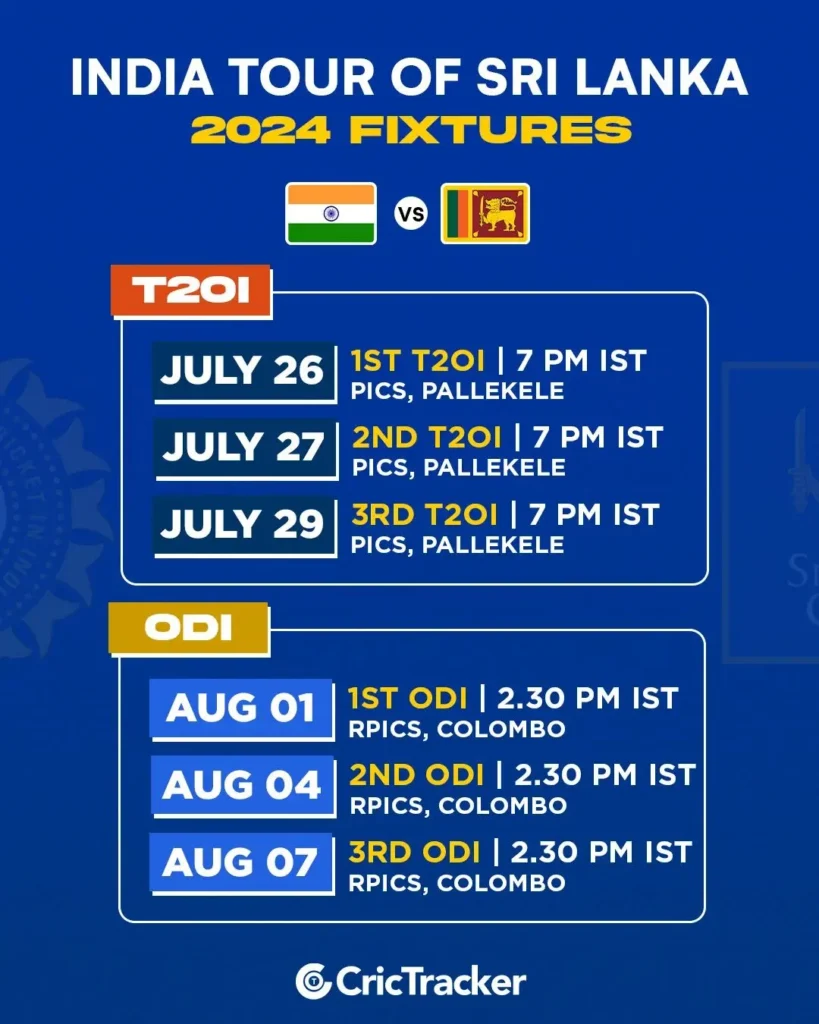India vs Sri Lanka 2024 Series Schedule for T20I and ODI Matches